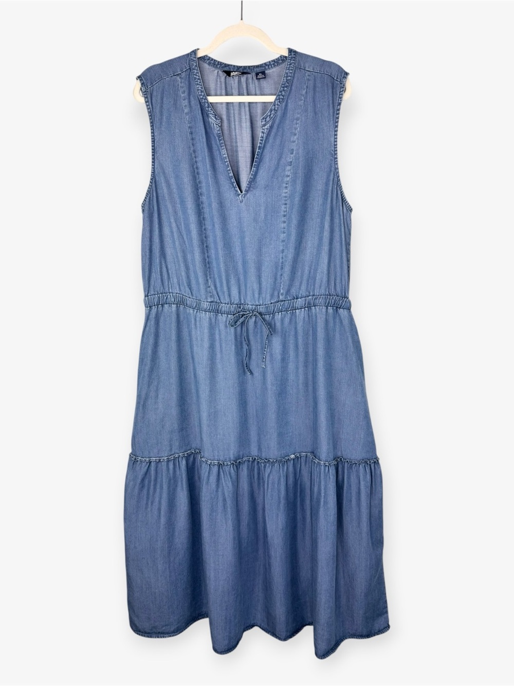 Lands' End Denim Sleeveless Tiered Midi Dress XL Soft Chambray Cottagecore Retro